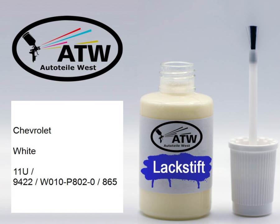 Chevrolet, White, 11U / 9422 / W010-P802-0 / 865: 20ml Lackstift, von ATW Autoteile West.